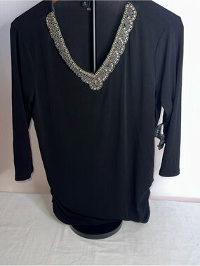 As U Wish Black V-Neck Top with Gold & Silver Beaded Trim